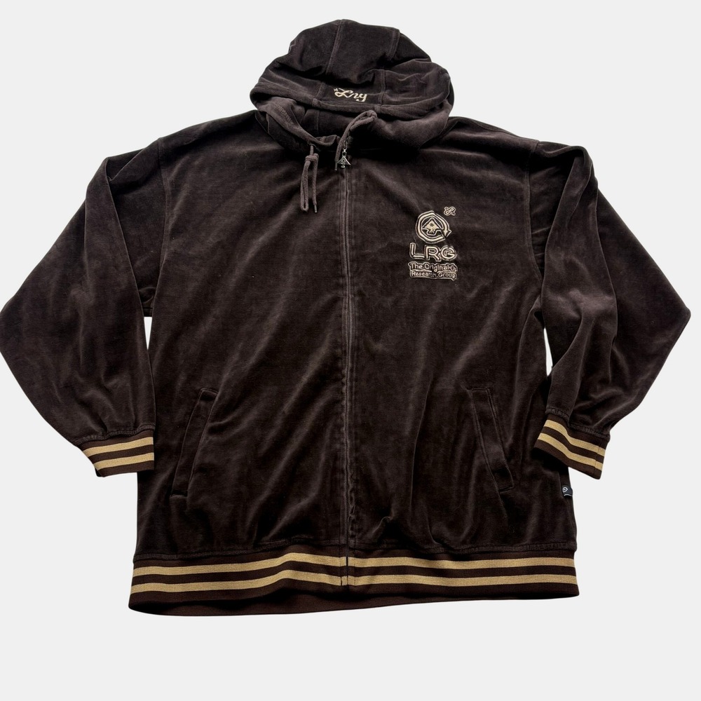LRG Lifted Research Group Velour Zip Hoodie Jacket 3XL Brown‎ Logo Y2K Urban - Picture 2 of 14